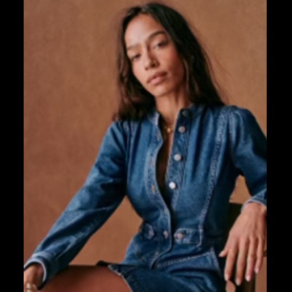 Sezane Denim Button-Front Mini Dress in Deep Blue - Picture 4 of 7
